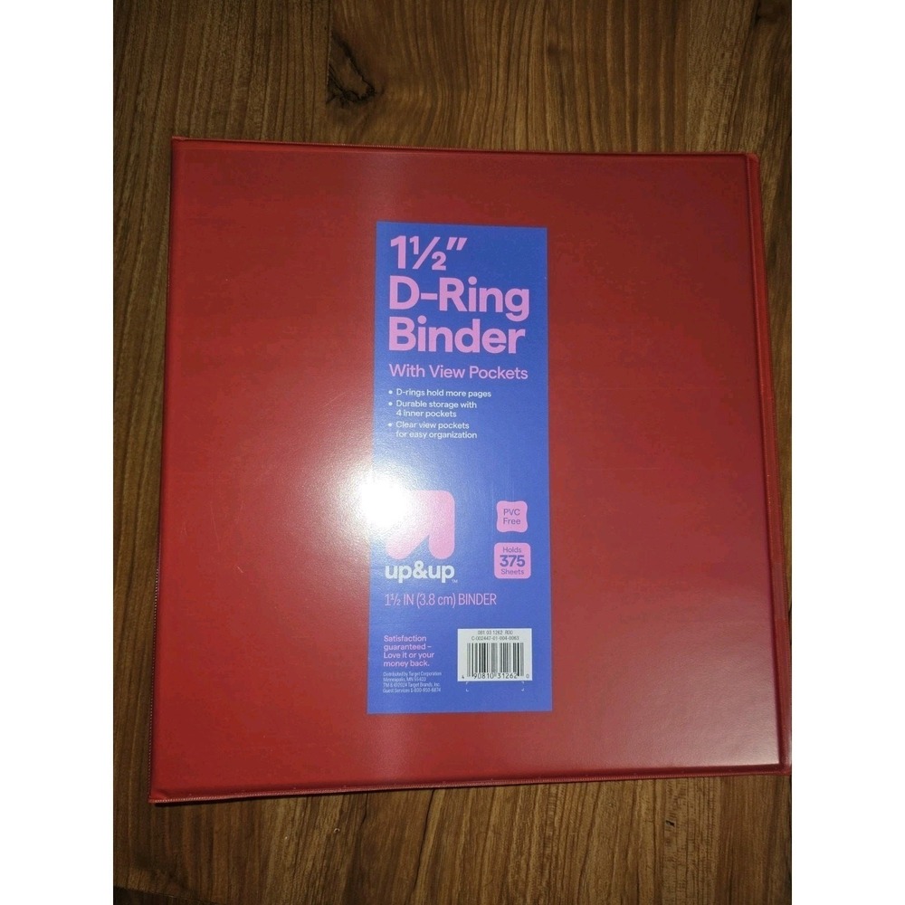 Up&up 1.5 Inch D Ring Binder Clear View Red 375 Sheet Capacity 4 Pockets s31